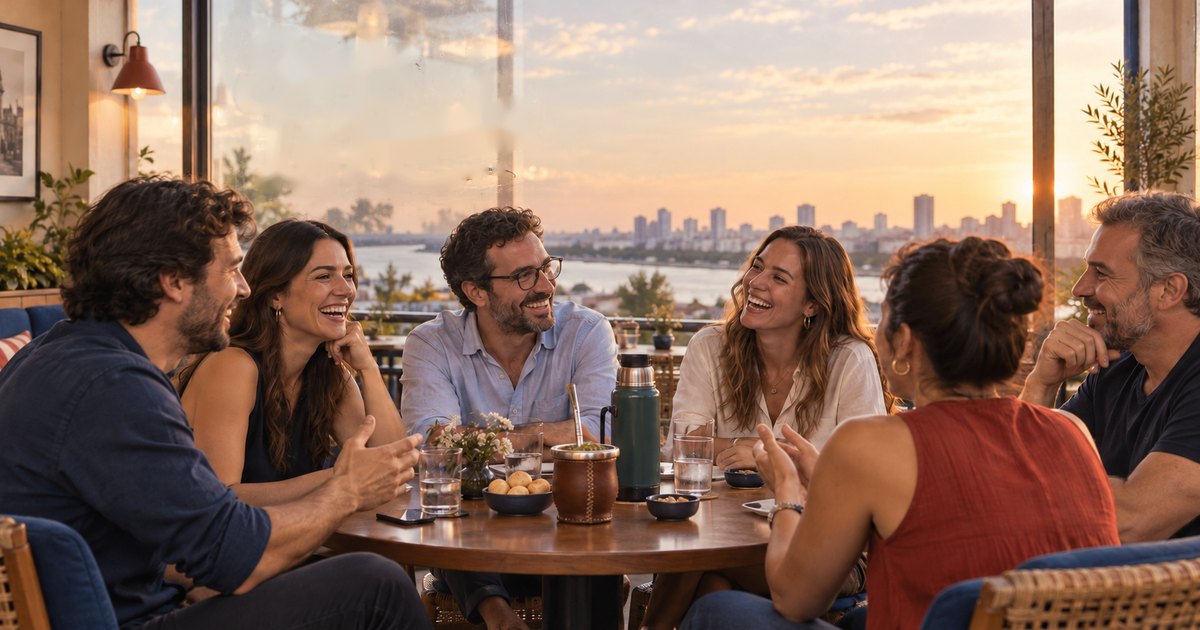 Amigos compartiendo tereré y chipa en una terraza de Asunción al atardecer.