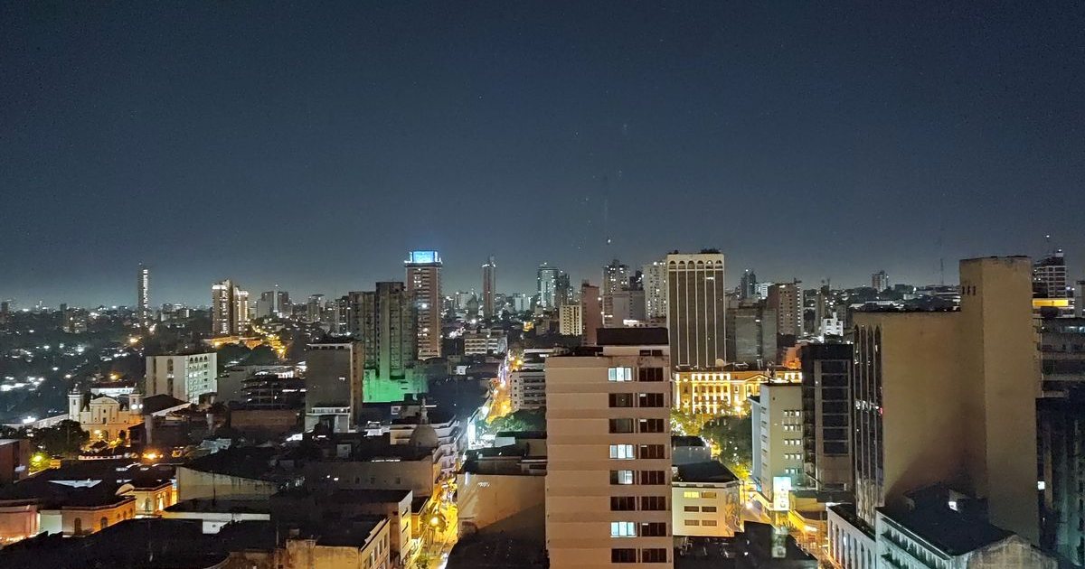 Downtown Asunción at night, seen from a rooftop.