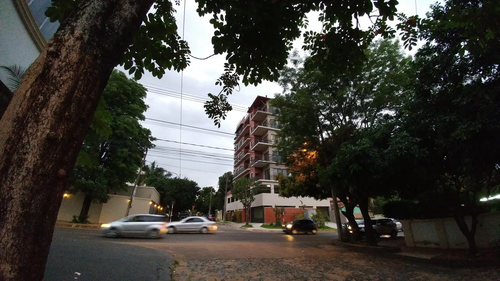 Una esquina arbolada de Carmelitas al atardecer, con un edificio de departamentos y autos que pasan.