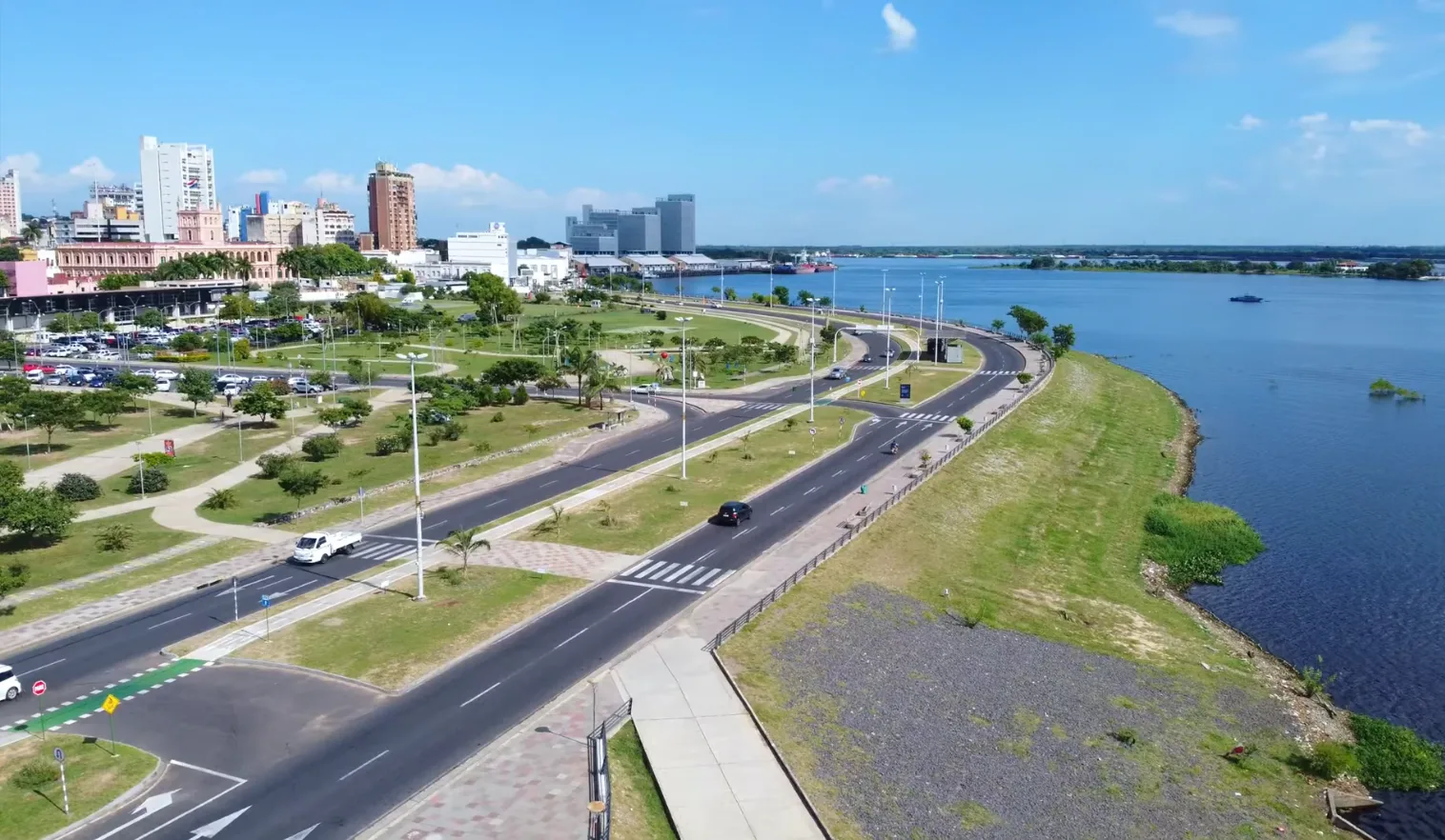 Aerial view of the Costanera de Asunción waterfront with the city skyline