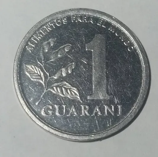 Reverse of a Paraguayan 1 guaraní coin showing a soybean plant