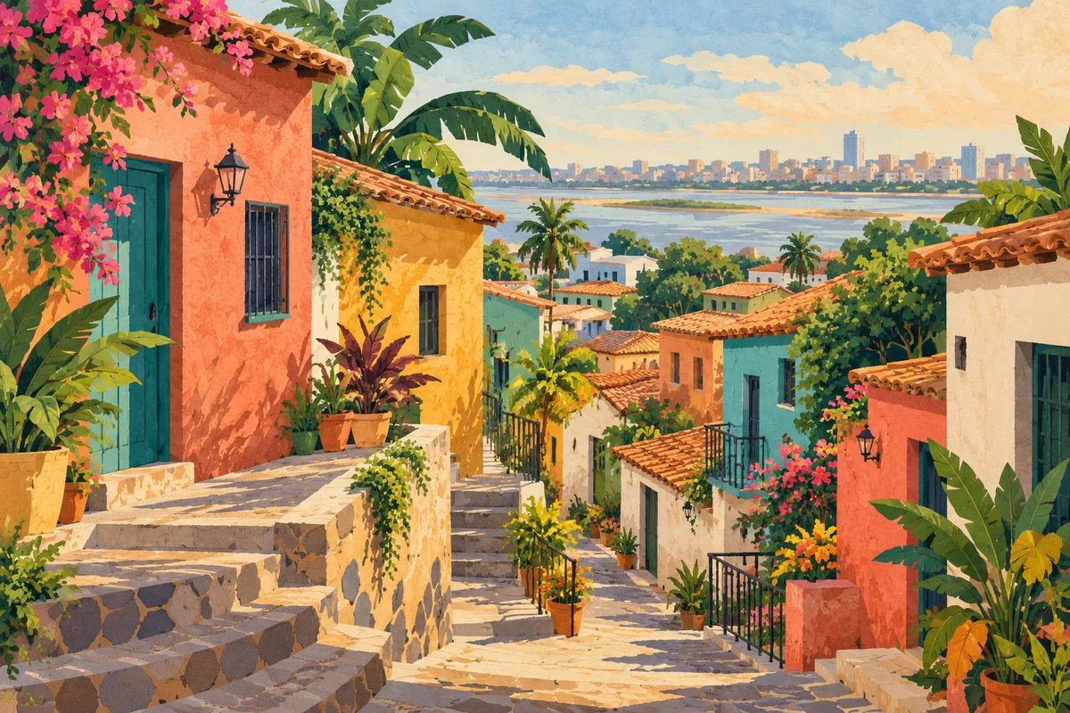 Ilustración de casas de colores en una loma y un pasaje con escalones