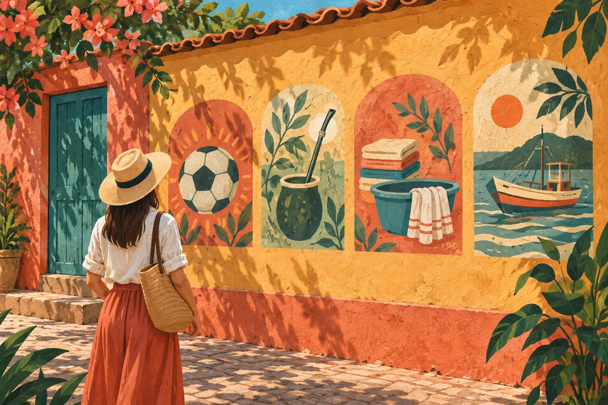 Ilustración editorial de una visitante mirando símbolos de fútbol, tereré, lavado de ropa y pesca