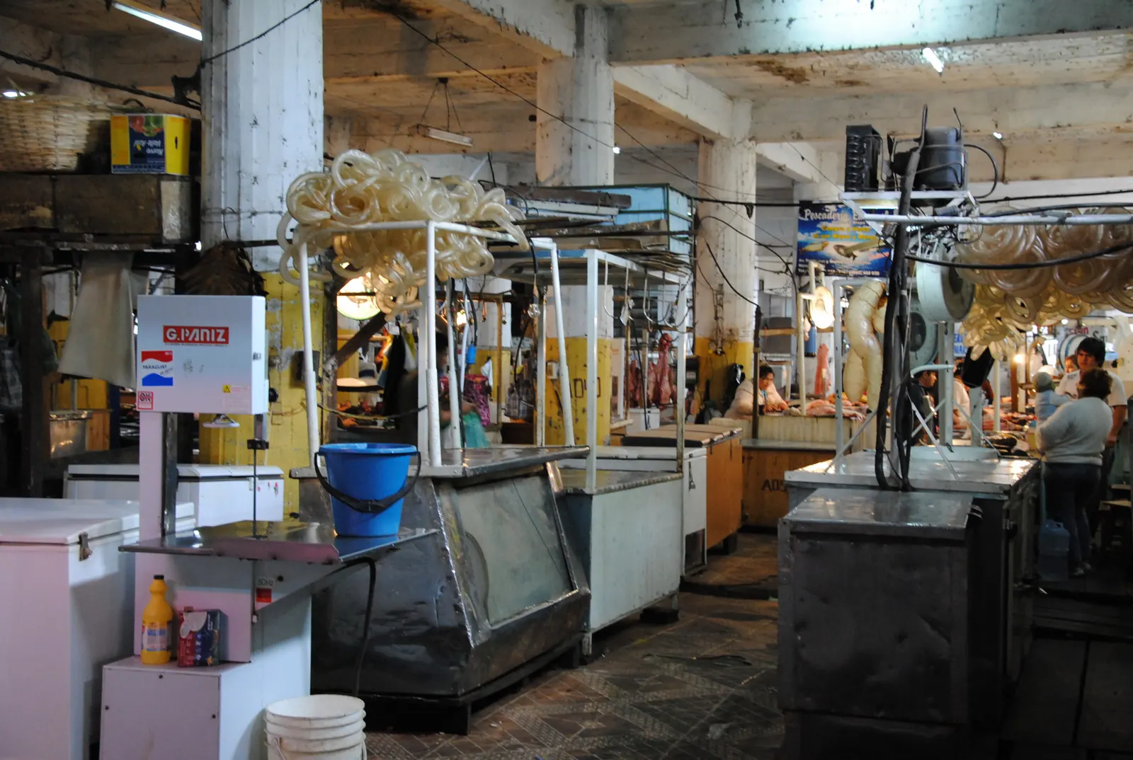 Meat counters, chest freezers and hanging casings in a covered hall at Mercado 4