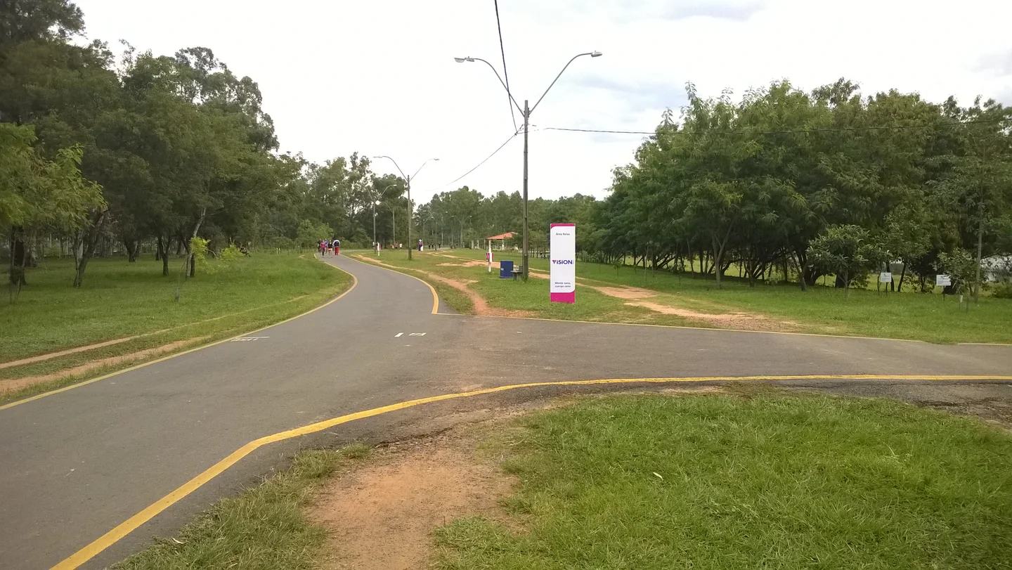 Paved pedestrian paths winding through grass and trees at Ñu Guasu