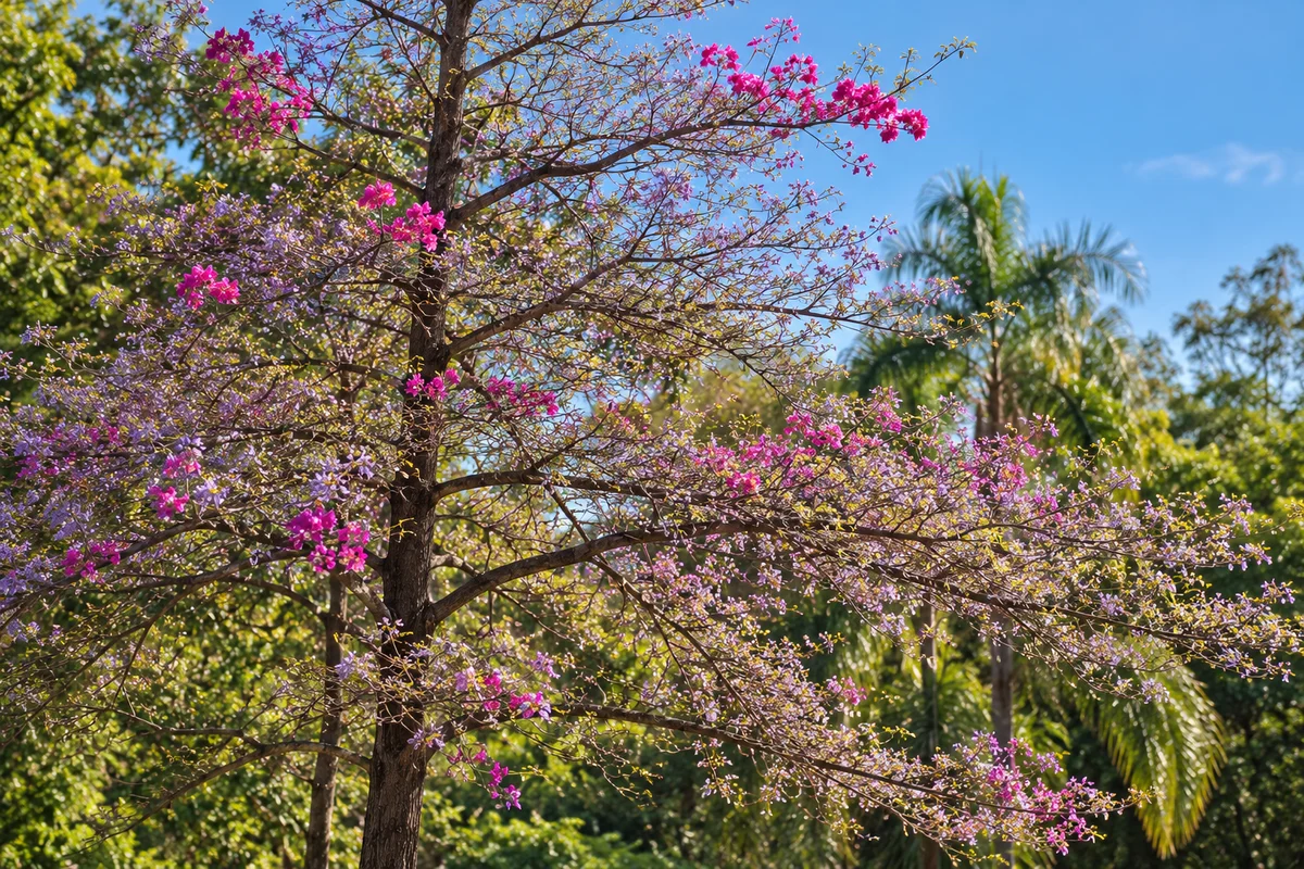 Recriação com IA de ramos com flores roxas e rosas diante de folhagem verde no Parque de la Salud.