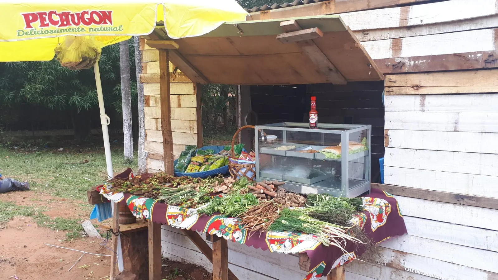 Bundles of fresh herbs and roots laid out on a patterned cloth at a small wooden roadside stall
