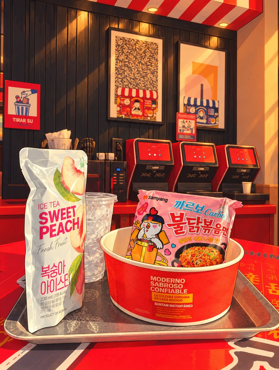 Ramyeon coreano, un bol y un té helado de durazno en una bandeja en Wang K-store, con las máquinas de ramen atrás.